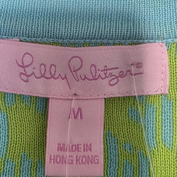 Lilly Pulitzer cotton knit gold logo button up cardigan Lime & Aqua pockets Med - Picture 6 of 7